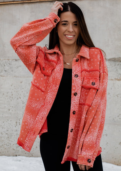 Bouj Fleece Lined Hand Printed Bandana Shacket - Red