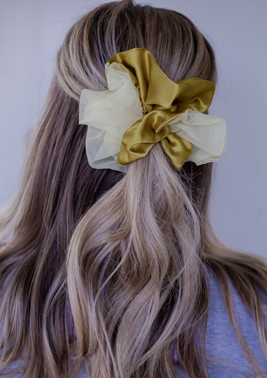 Silk Jumbo & Tulle Scrunchie *Luxe Gold/Green*